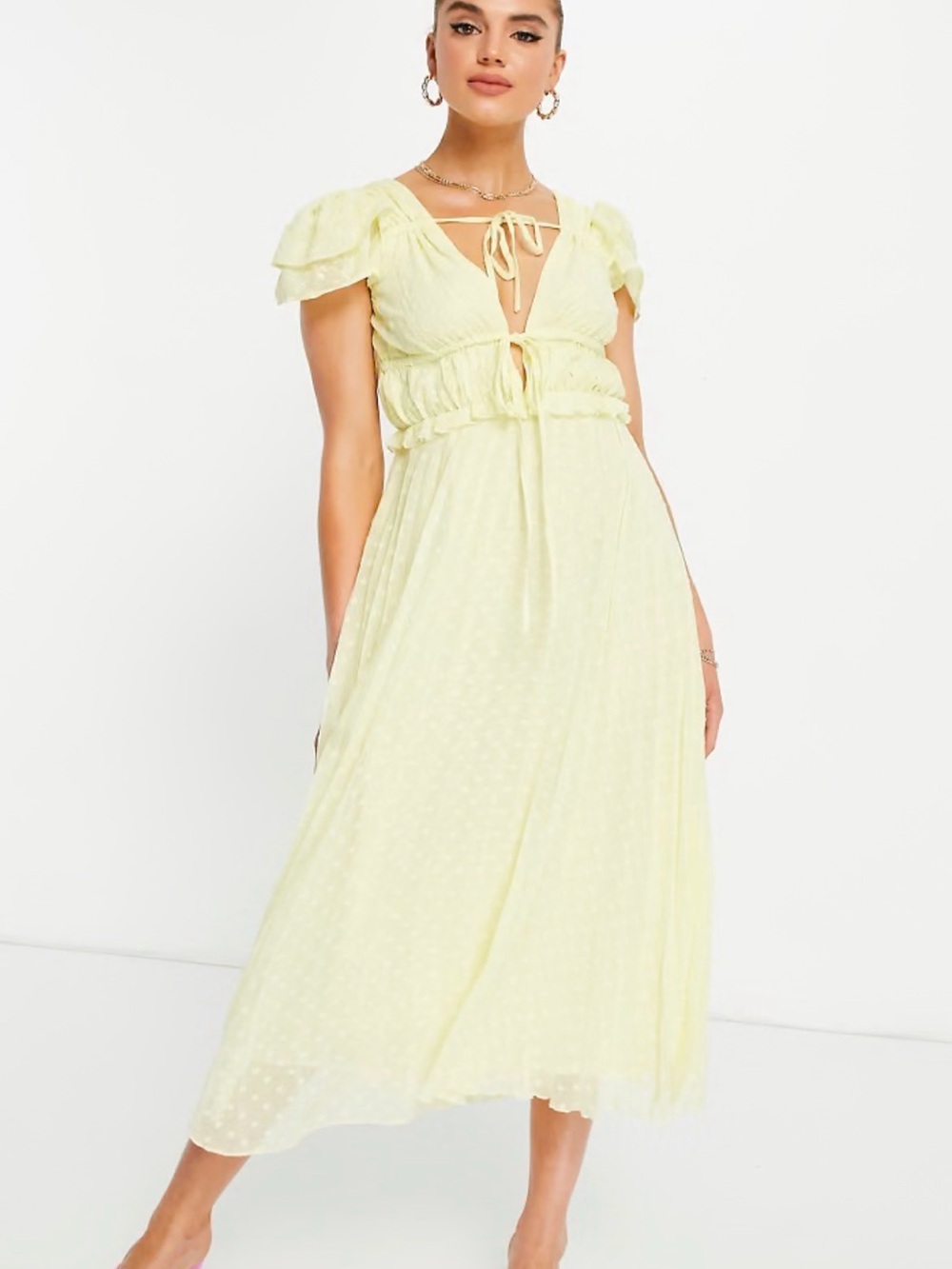 ASOS Plunge Pleated Midi Dress In Broderie Textured In Yellow